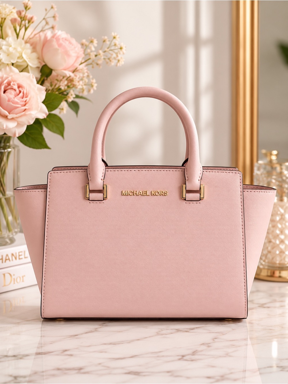 Michael Kors Blush Pink Saffiano Leather Satchel Tote Bag Gold Hardware